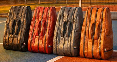 Four vintage-style leather tennis bags on a tennis court